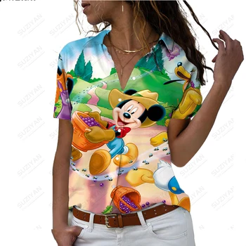 2023 Jaunu Disney Harajuku Slim Fit 3D Drukāšanas Sieviešu Pogu Zaudēt Īsām Piedurknēm Polo Kakla Gadījuma Gudrs Krekls Plus Lieluma Y2K Mickey