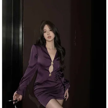 2023 Pavasara Sieviešu Apģērbu Kleitu Modes Dobi-no Purpura Augstas kvalitātes Temperaments Slim garām piedurknēm Satīna Dizaina Šiks Kleita