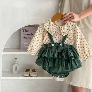 2023 Rudens Bērns Meitenes 2GAB Apģērbu Komplekts Kokvilnas Ziedu garām Piedurknēm Blūze Zaļā Zeķu Culottes Uzvalks Toddler Meiteņu Tērpiem