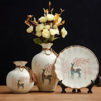 3Pcs）Eiropas Keramikas Vāze Kaltēti Ziedi, Ziedu kompozīcijas, Ļodzīties Plāksnes Dzīvojamā Istaba Ieejas Rotājumi Mājas Rotājumi