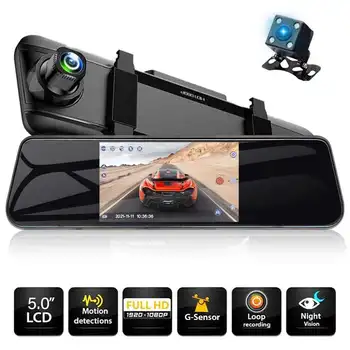 5 Collu Touch Screen 1080P FHD Auto Atpakaļskata Spogulī, Auto Reģistratoru Auto DVR Nakts Redzamības Dash Cam Dual Objektīvs