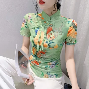 #6815 Vasaras Acs Vintage T Krekls Stand Apkakli Saspringts Īss T-krekls Sievietēm Plānas Sexy Ķīniešu Stila Vīriešu Tee Krekli Retro Tshirt