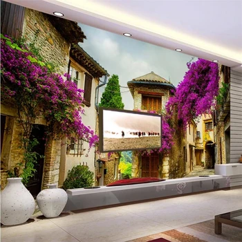 beibehang Custom tapetes, 3D sienas Eiropas arhitektūras ciema purpura ziedu vīnogulāju TV fona sienas dzīvojamā istabā 3d tapetes