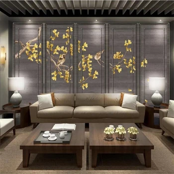 Custom tapetes, 3d murals Ķīniešu roku apgleznoti ginkgo ziedu putnu modelis mūsdienu TV fonā sienas gleznojums, sienas 3d tapetes