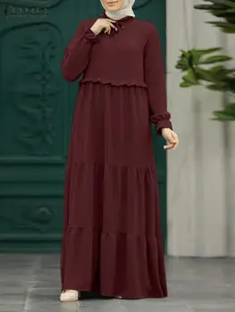 Eid Mubarek Sieviešu Vasaras Sundress ZANZEA 2023 Modes garām Piedurknēm Ruffles Cietā Musulmaņu Kleitu Elegants Ramadāna Vestido Drēbes Femme