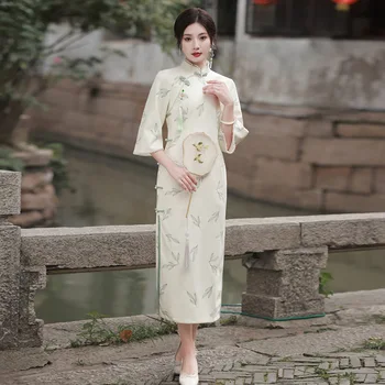 Elegants Rudens Aprikožu Mežģīnes Cheongsam Taures Piedurknēm, Elegants Retro Modes Ikdienas Qipao Ķīniešu Stilā Vakara Kleita Sievietēm