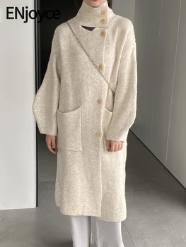 ENjoyce Sieviešu Vintage Vienu Krūtīm, Biezas Trikotāžas Jakas Garš Džemperis Korejas Modes Augstu Uzrullētu Apkakli Knitwears Uzrakt Mētelis