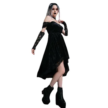 Gothic Lolita Meitene Mežģīnes, Samta Apdare-Line Kleita Sievietēm Sexy Viedokļa Garām Piedurknēm Kakla Slim Mini Kleita Cosplay Kostīms Puse