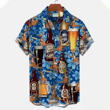 Havaju Harajuku Vīriešu Krekls Alus Īsām Piedurknēm Drukāts Vīriešu Apģērbu Streetwear Krekls Vīriešiem Vintage Hip-hop Atloks Pogu, Topi