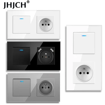 JHJCH-ES-sienas kontaktligzdas ar slēdzi slēdzis, pievienojiet 220v 16A ar usb kristālu panelis 157 * 86 ar 1 1/2/3 ceļu joslā, LED gaismas slēdzi