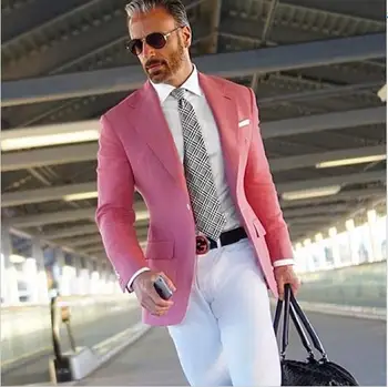 Kostīmu Homme Karstā Rozā Uzvalks Vīriešu Žakete Formālās Vīriešu Uzvalks Ar Baltu Bikses Smart Casual Biznesa Terno Slim Fit Uzvalku 2 Gabali