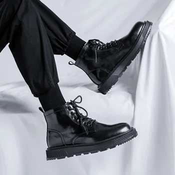 mens casual platformas zābaki, mežģīnes-up, dabīgās ādas apavi, darba office kleitas kovboju potītes boot zīmola dizainere īss botas