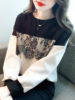 Mežģīnes Raibs Krekls Sievietēm 2024 Rudens Ziemas Jauno korejas Modes Gadījuma Pulovers Brīvs O-veida Kakla Džemperis ar garām Piedurknēm, Sieviešu