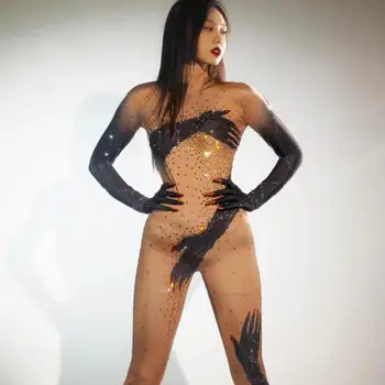 Modes Zīmolu Dizainera Kristāli Jumpsuit Sexy Black Rokās Izdilis Bodysuit Sievietēm, DJ, Bārs Dziedātājs Catwalk Puse Skatuves Kostīmu Moshou