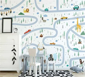 papel de parede 3d ziemeļvalstu roku apgleznoti karikatūra ceļa auto karikatūra dzīvnieku paradīze bērnu istabas fona sienas 3d tapetes