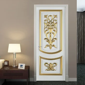 PVC Pašlīmējošas Ūdensizturīgs Durvju Uzlīmes 3D Stereo White Eiropas Stila Zelta Cirsts Tapetes Dzīvojamā Istaba, Guļamistaba, Durvis Decal