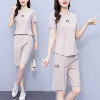 Sieviešu Modes Gadījuma Uzvalks 2023 Vasaras New Age Samazinot Rietumu stila Slim T-Krekls Crop Topi Ceļa Garums Šorti 2 Divas Gabals, kas