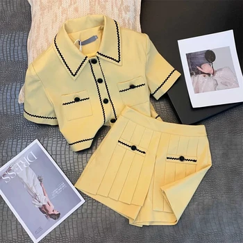 Sieviešu Vintage Tīkams Dzeltena Matching Apģērbs, Krekls, Tops Un Bikses, Divas Gabals, kas 2023 Vasarā Jaunu Y2K Modes Elsas Uzvalks Drēbes