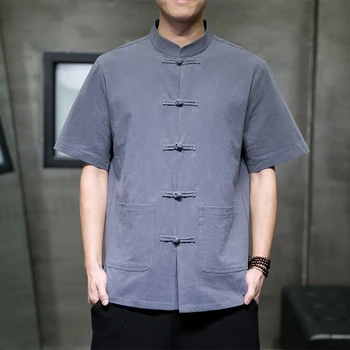 Sinicism Vintage Stila Kokvilnas Veļa ar Īsām Piedurknēm Cieto Ikdienas Krekli Vīriešu Vasaras Skalu Sprādzes Krekls Ķīniešu Apģērbu Tang Krekls