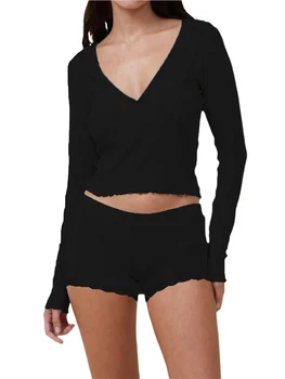Sunloudy Sievietes 2 Gabals Bodycon Bikses Apģērbs Ar Garām Piedurknēm Slim Basic Topi, Šorti Ikdienas Loungewear Komplekts