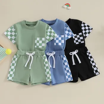 Toddler Baby Boy Bikses, Komplekti Vasaras Apģērbu Šaha Drukāt Kabatas Īsām Piedurknēm T-Krekls ar Elastīgu Vidukļa Bikses 2gab Apģērbs