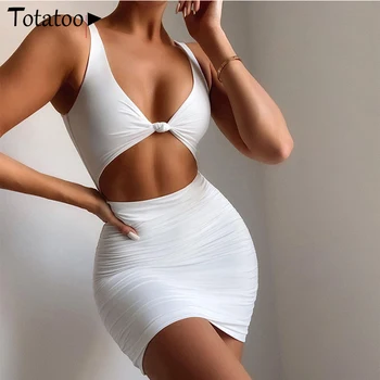 Totatoop Elegantu V-Kakla Sexy Balta Kleita Sievietēm Ir 2021. Vasaras Spageti Siksnas Piedurknēm Izgriezt Ruched Bodycon Kleita Tērpiem