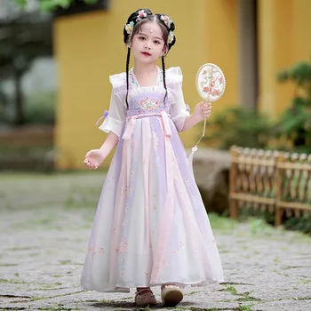 Vasarā Jaunu Cute Bērnu Hanfu Vintage Bērniem Meiteņu Kleita Ķīniešu Tradicionālās Tautas Deju Tērpu Seno Apģērbs Cosplay Apģērbi
