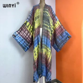 WINYI Sieviešu Bohēmijas kaklasaišu krāsošanas drukāt Elegants kaftan kleita Āfrikas Jakas Virsdrēbes Sieviešu Vasaras Sexy kokvilnas Kimono sajūta