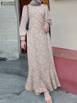 ZANZEA Bohēmijas Musulmaņu Kleitu Modes Sieviešu Ziedu Iespiests Kleitas Tukey Abaya Drēbes Femme Rudens Gadījuma garām Piedurknēm Maxi Vestidos
