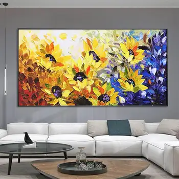 Ziedu Saulespuķu Puses, Krāsotas Eļļas Glezna uz Audekla Anotācija Dzeltena Ziedu Ainavu Glezniecība Lielu Sienas Māksla Mūsdienu Mājas Dekoru